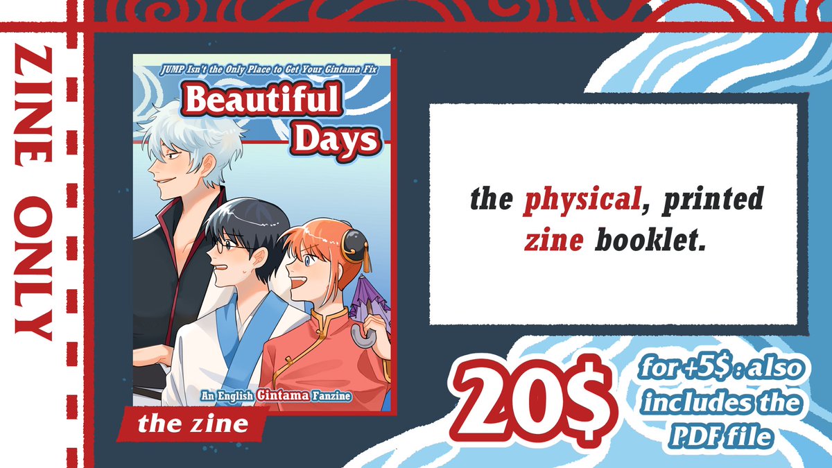☀️ PREORDERS ARE LIVE☀️

Our shop is open for preorders of Beautiful Days, an English gintana fanzine~

Please visit our shop site and check out the various bundles we offer (and perhaps even purchase one)! (1/2)

Big Cartel: gintamazine.bigcartel.com