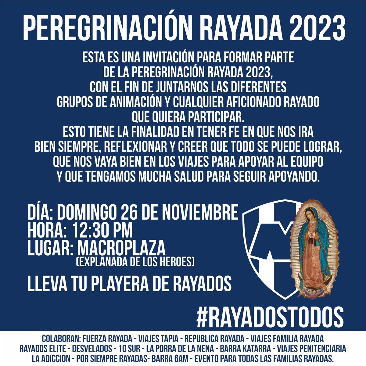 Viajes_Rayados's tweet photo. ¡Te invitamos a unirte a la PEREGRINACIÓN!
Asiste a este domingo 26 para unirnos y agradecer; reflexionar y tener fe en lo que viene para todos.
Invitamos a toda la comunidad rayada en general, los Barrios, grupos, etcétera a participar con su playera de Monterrey
#RayadosTodos https://t.co/OOLtkf6HwL
