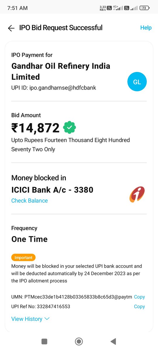 Chandandhari27's tweet photo. Hey @PaytmMoney @PaytmMoneyCare my mandate for #GandharIpo is still in pending status although I had successfully blocked my amount through Paytm UPI please check!!! https://t.co/GxekfqkwWo