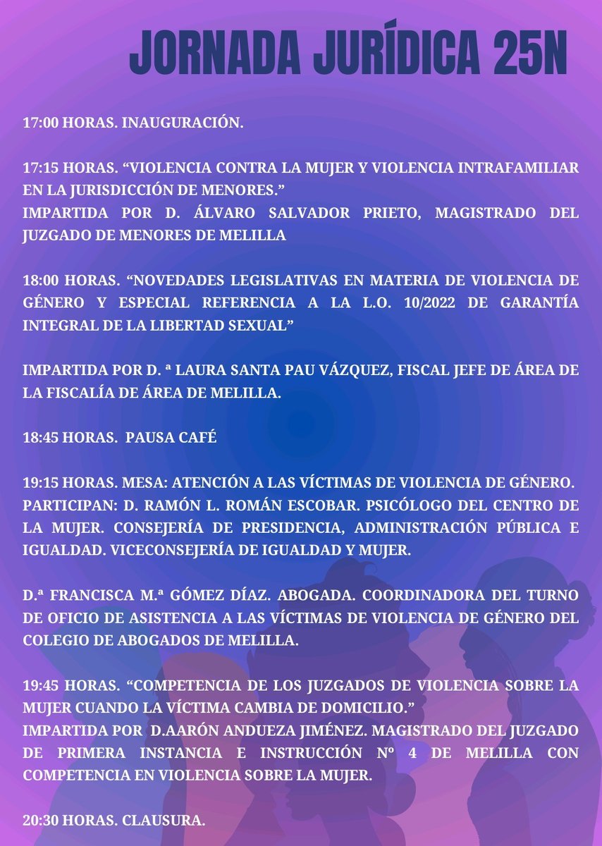 icamelilla's tweet photo. JORNADA JURÍDICA 25N

📅 29 de noviembre de 2023
🕐 17:00 horas
📍 Salón de Actos del @icamelilla
⚖️ Organizan @icamelilla @igualdadmelilla https://t.co/ocWt7MV7vE