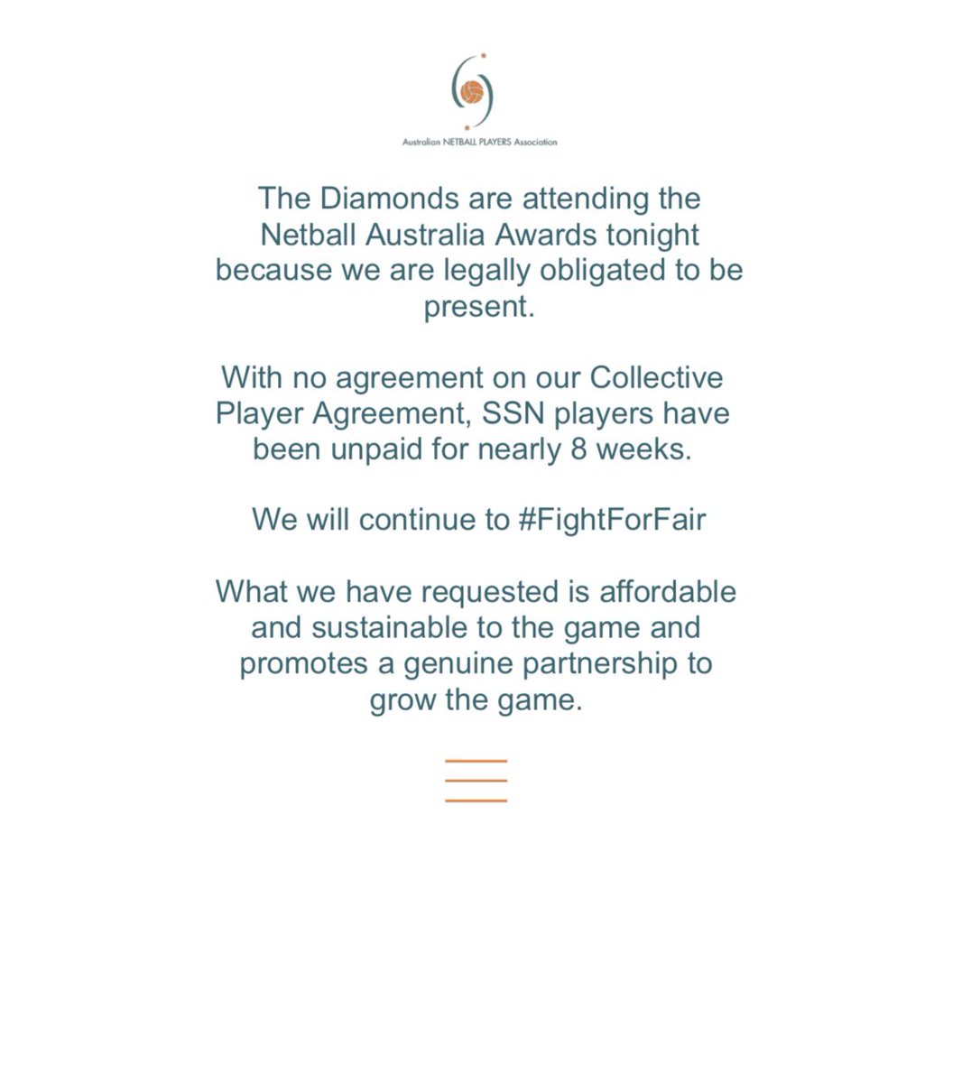 Thinking of our SSN playing group tonight, unpaid yet still united #FightForFair @AusNetballPA
