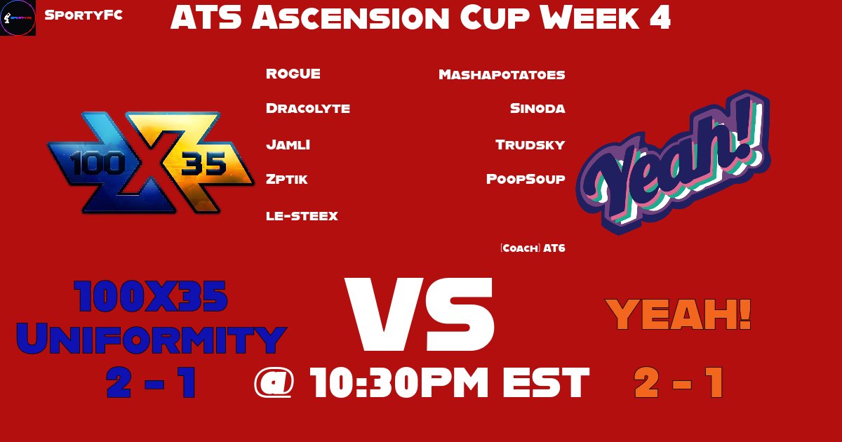 Welcome <a href="/100X35Esports/">100X35 Esports</a> Uniformity to the Sportiest Stream!

And welcome back <a href="/_TEAMYEAH_/">YEAH!</a> who have appeared here so often!

One <a href="/ATS_RL/">Ascend Tournament Series</a> Series separates them in the standings, and only one can win!