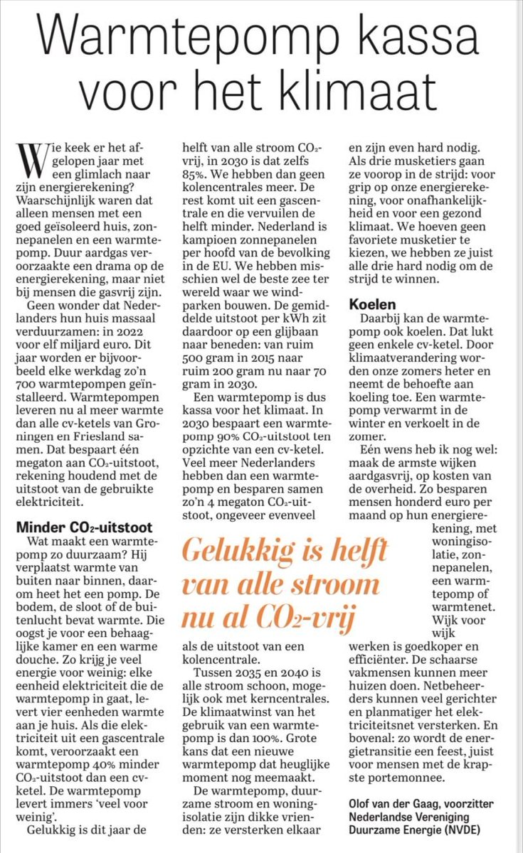 De warmtepomp: kassa voor het klimaat. Je krijgt veel voor weinig (1 eenheid stroom erin = 4 eenheden warmte in je huis). En die stroom is steeds schoner. Mijn bijdrage aan De Kwestie in de <a href="/telegraaf/">De Telegraaf</a>
