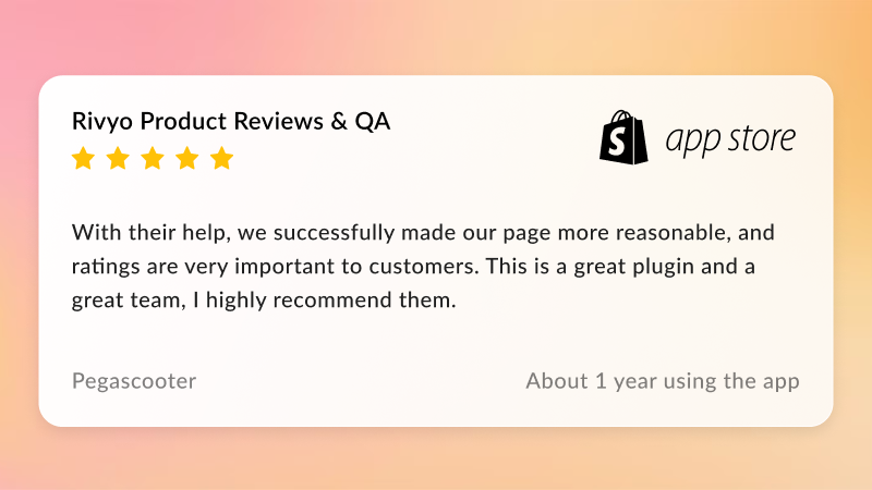 🎉 Hear it from Our Merchant!

A big thanks to Pegascooter for this awesome⭐️review!  Your satisfaction is our top priority, and we're grateful that our app met your expectations. 

Try Rivyo: apps.shopify.com/rivyo-product-…

#customersatisfaction #rivyo #productreviews #shopify