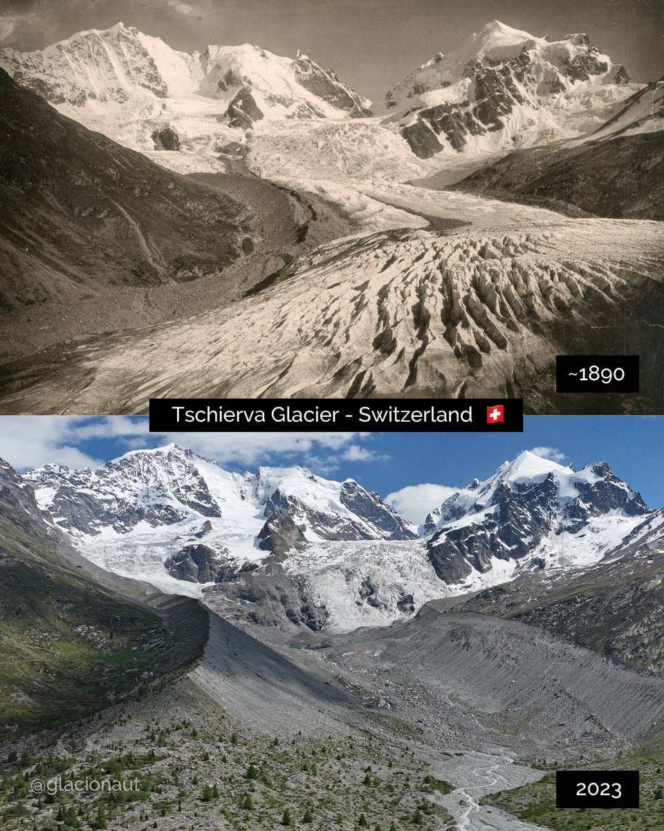 Here are the first four examples of my yearly glacier comparison from the alps. The past and today. Obvious what’s going on. #glacier #climatechange #globalwarming #alps <a href="/VAW_glaciology/">VAW Glaciology</a> <a href="/igsoc/">Int. Glaciol. Soc.</a> <a href="/glamos_ch/">GLAMOS</a> <a href="/matthias_huss/">Matthias Huss</a> <a href="/HeidiSevestre/">Dr. Heïdi Sevestre</a>