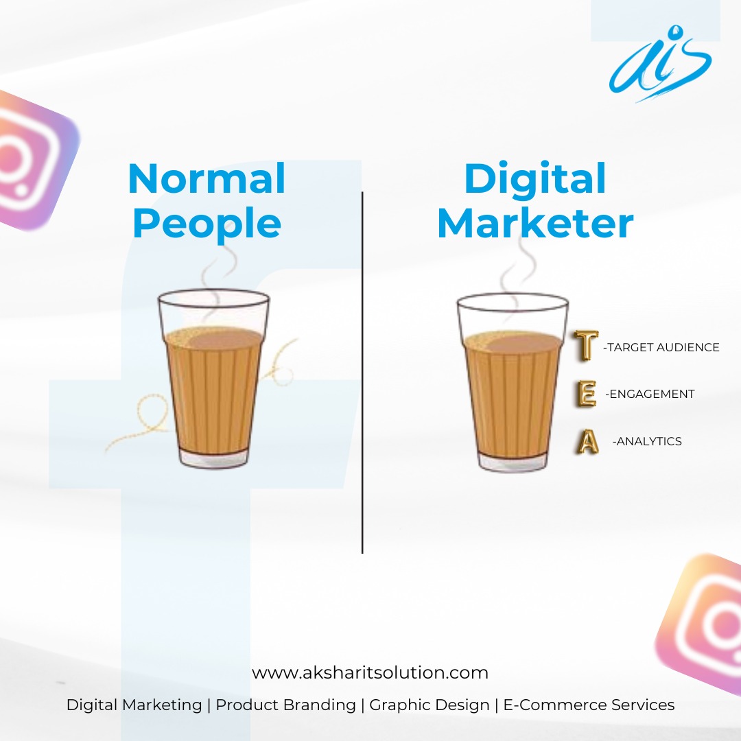 'Normal people see T.E.A.📷, but a digital marketer sees T.E.A.
.
It mean's Let's dive into the world of Target Audience, Engagement, and Analytics with Crasctech.
.
#aksharitsolution #digitalmarketing #socialmediamarketing #targetaudience #targetaudiencemarketing