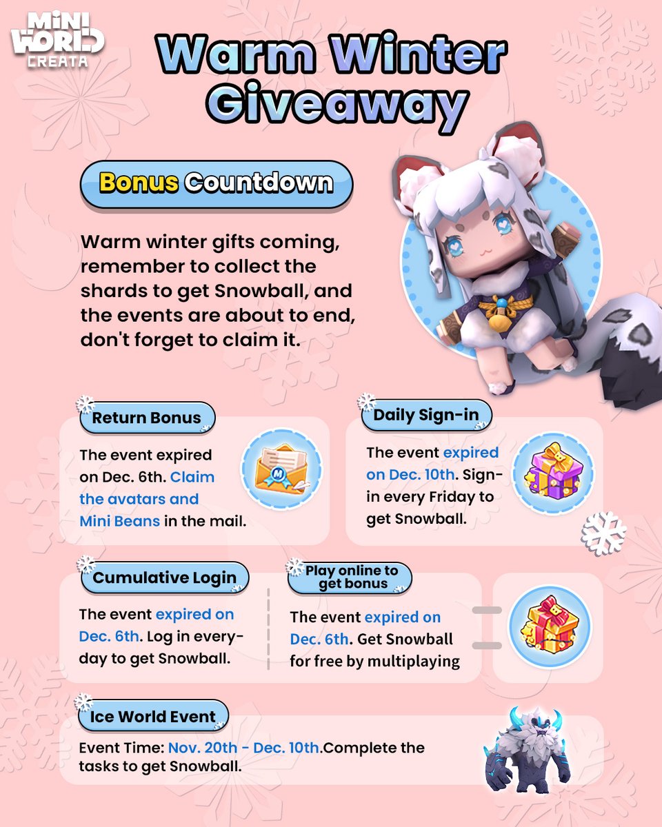 MiniWorld_EN's tweet photo. The warm winter gift extravaganza is now in its final countdown! ๐ Check out the event dates and seize the limited-time opportunity ๐ฅฐ, unlock numerous rewards! Enjoy a cozy winter! โ๏ธ๐๐
#MiniWorld #MiniSnow #miniworlden #miniworldcreata #miniworldit #miniworldtr #miniworldde https://t.co/N6DBq8WiFK