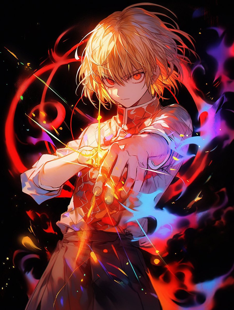 kurapika solo blonde hair male focus 1boy red eyes looking at viewer fire  illustration images