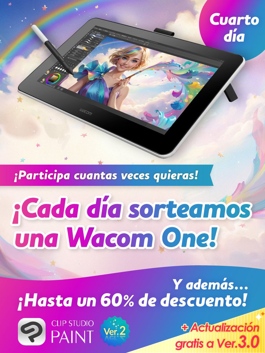 ¡Sorteamos una tableta gráfica Wacom One cada día! Para participar, síguenos y republica este post. ¡Aún tienes 3 oportunidades! 
¡Aprovecha nuestras rebajas de hasta un 60 % hasta el 28 de noviembre a las 8:00 GMT!
Detalles en: clipstudio.net/promotion/give…