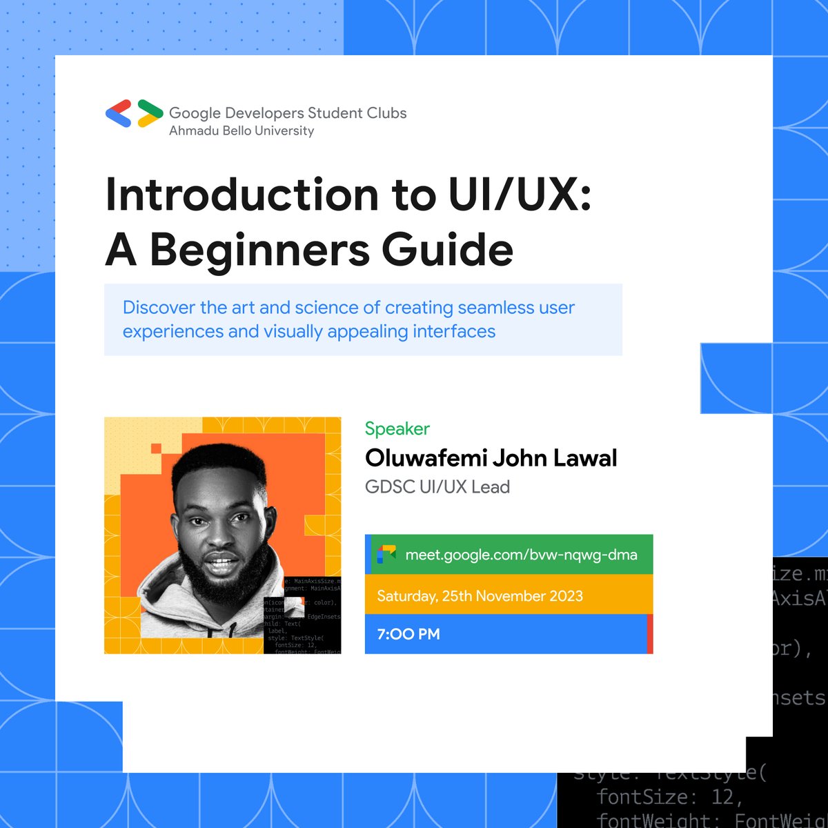 gdg_abu's tweet photo. Are you looking a beginner looking to learn the basics and significance of UI/UX in product development? 

Our UI/UX class is an opportunity to expand your knowledge and connect with the UI/UX design community.  
Date: 25th November 2023. 
Time: 7pm 
Link: https://t.co/bCFI0w96nH https://t.co/P6kH5oyBOC