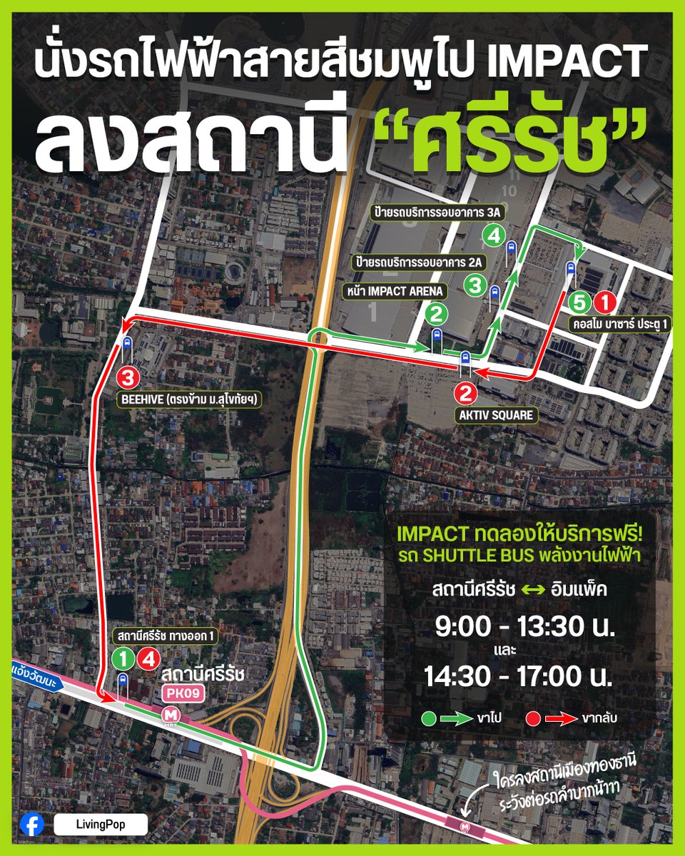 LivingPopTH's tweet photo. นั่งรถไฟฟ้าสายสีชมพูไป IMPACT ลงสถานี "ศรีรัช" นะครับ 😆

ในที่สุดรถไฟฟ้าก็ไป (เกือบ) ถึง IMPACT แล้วครับ วันนี้อาจจะยังไม่ถึงกับไปจอดหน้าประตูฮอลล์ แต่ก็ถือว่าใกล้มากขึ้นเยอะเลย โดยในช่วงที่เรายังรอเส้นทางสายแยกเข้าอิมแพ็คก่อสร้างอยู่ เค้าก็เริ่มมีการจัดรถเวียน Shuttle Bus ให้บริการฟรีแล้วครับ

โดยในช่วงทดลองนี้จะให้บริการเฉพาะช่วงเวลา 9:00 - 13:30 และ 14:30 - 17:00 น. เท่านั้น โดยจะมีจุดจอดและเส้นทางตามภาพที่เราทำมาให้นี้เลยฮะ

-- ขาไป (จากสถานีศรีรัชเข้าอิมแพ็ค) --

จุดจอด 1 - สถานี MRT ศรีรัช ทางออกที่ 1
จุดจอด 2 - หน้า IMPACT Arena
จุดจอด 3 - ป้ายรถเวียนบริการรอบอาคาร 2A
จุดจอด 4 - ป้ายรถเวียนบริการรอบอาคาร 3A
จุดจอด 5 - ห้างคอสโมบาซาร์ ประตู 1

-- ขากลับ (จากอิมแพ็คออกมาสถานีศรีรัช) --

จุดจอด 1 - ห้างคอสโมบาซาร์ ประตู 1
จุดจอด 2 - ลาน Aktiv Square ใกล้ศาลตายาย
จุดจอด 3 - ห้าง BEEHIVE ตรงข้าม ม.สุโขทัยธรรมาธิราช
จุดจอด 4 - สถานี MRT ศรีรัช ทางออกที่ 1

ซึ่งในช่วงทดลองนี้จะให้บริการ "ฟรรรรี!" 🤣