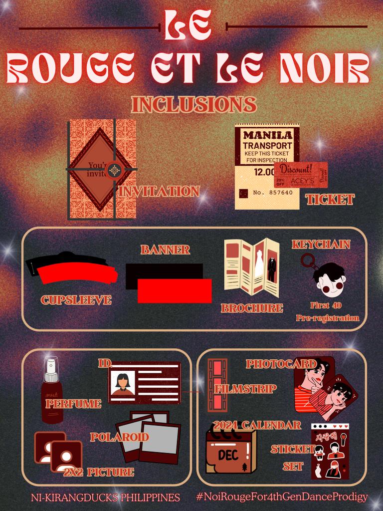 NI_KIRANGDUCKS's tweet photo. 🌟 INCLUSION: Exhibit + CSE 

LE ROUGE ET LE NOIR 🌹 
The Birth of the 4th Gen Dance Prodigy! 🕺💫

Check out the inclusions for the event next Sunday!

🚨 ALERT : Only first 40 pre registered will reveive the keychain 🚨

Designs will be revealed this week 😉

RULES:
1. Qrt with your answer
2. Winner will be announced on the event so make sure you're an attendee.
3. 1 answer per attendee.
4. Only the first person to answer correctly will have a prize. 

‼️QUESTION TO GET AN OFFICIAL MERCHANDISE ‼️

• What do you think is the aroma for the inclusion, perfume? 

📅 Date: December 3, 2023 (Sunday) [2:30pm-6pm]
⏰ Venue: Kape Light Recto

🔗 https://t.co/cg64gp4i9B

#NoiRougeFor4thGenDanceProdigy #NI_KI