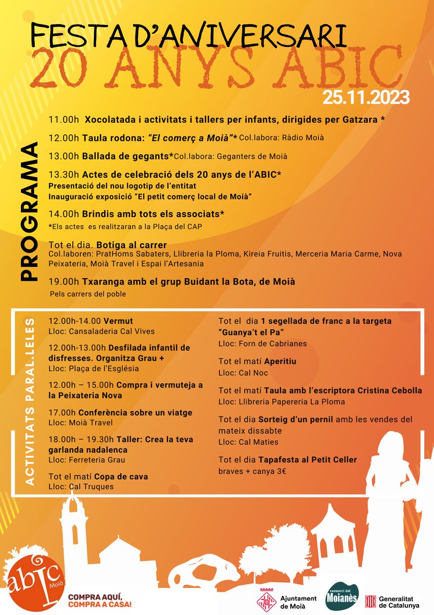 Avui us esperem a Moià, a la Festa de celebració dels 20 anys de l'ABICMoià!