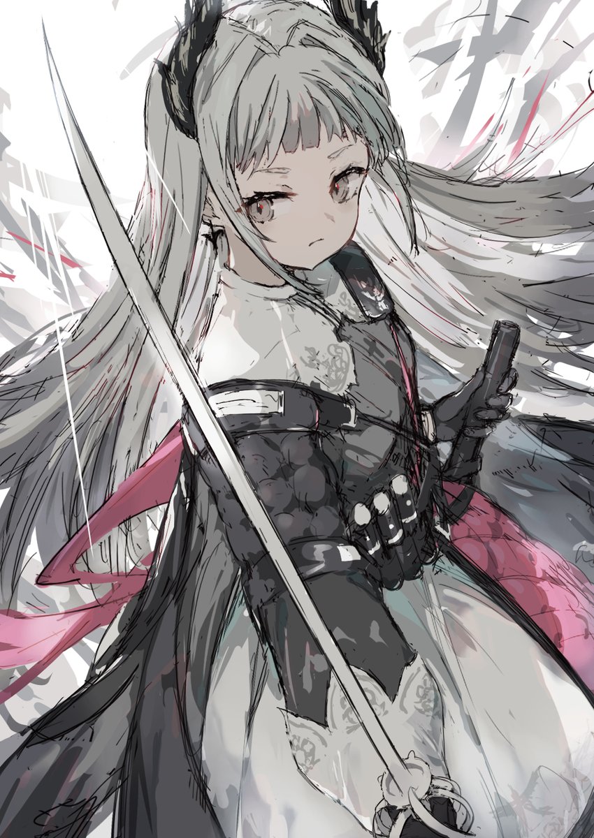 irene (arknights) 1girl solo weapon sword holding grey hair long hair  illustration images
