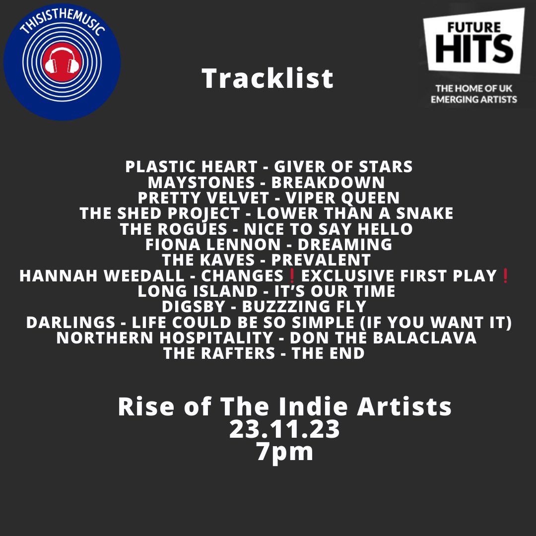Start off the w/end with our latest show, now on-demand @plasticheart_23 @Maystonesuk @theprettyvelvet @project_shed @TheRogues__ @fiona_lennon @thekaves_ @hannahweedalll @longislanduk @Digsbyband @Darlings_Band @Northernhosband @TheRafters2 #radio 📻 mixcloud.com/futurehitsradi…