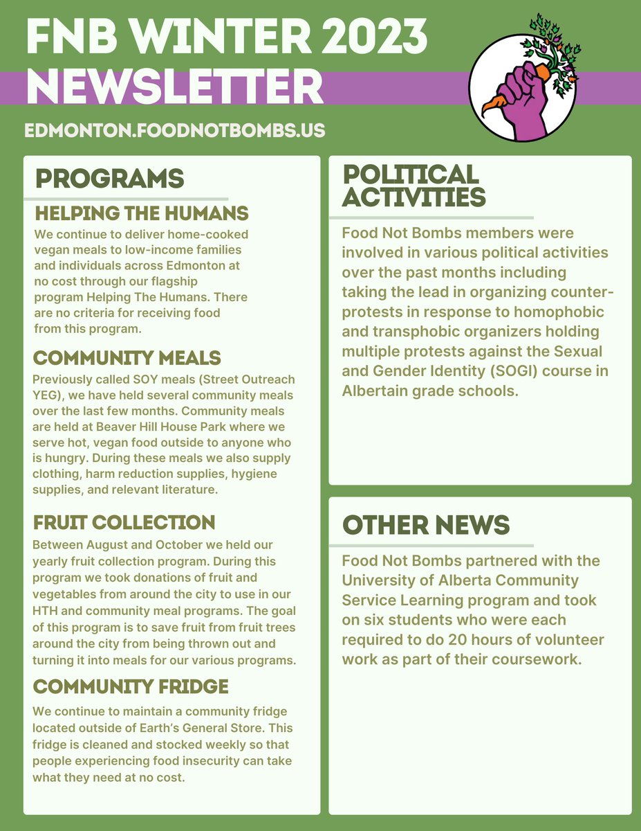 Check out our newsletter for Winter 2023 to see what we've been up to :) #homelessness #fnbyeg #yeg #volunteering #community #foodnotbombs #vegancooking
