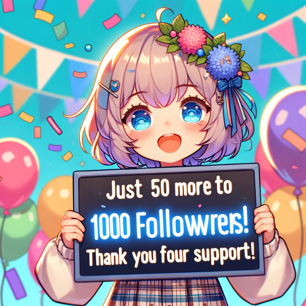 toolnetjp's tweet photo. フォロワー1000人まであと50人。
ChatGPTに画像作ってもらいました。皆様よろしくお願いします🤲
Just 50 more to 1,000 followers. Thank you for your support.

#何がとは言わない　#ChatGPT #dalle3 https://t.co/cnF5GlYDQ9