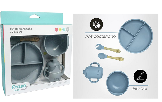 Kit Alimentação de Bebê Freso Baby Silicone Atóxico Livre BPA Introdução Alimentar BLW Tigela Prato Ventosa Talher Infantil Fácil de Limpar, cor Cinza