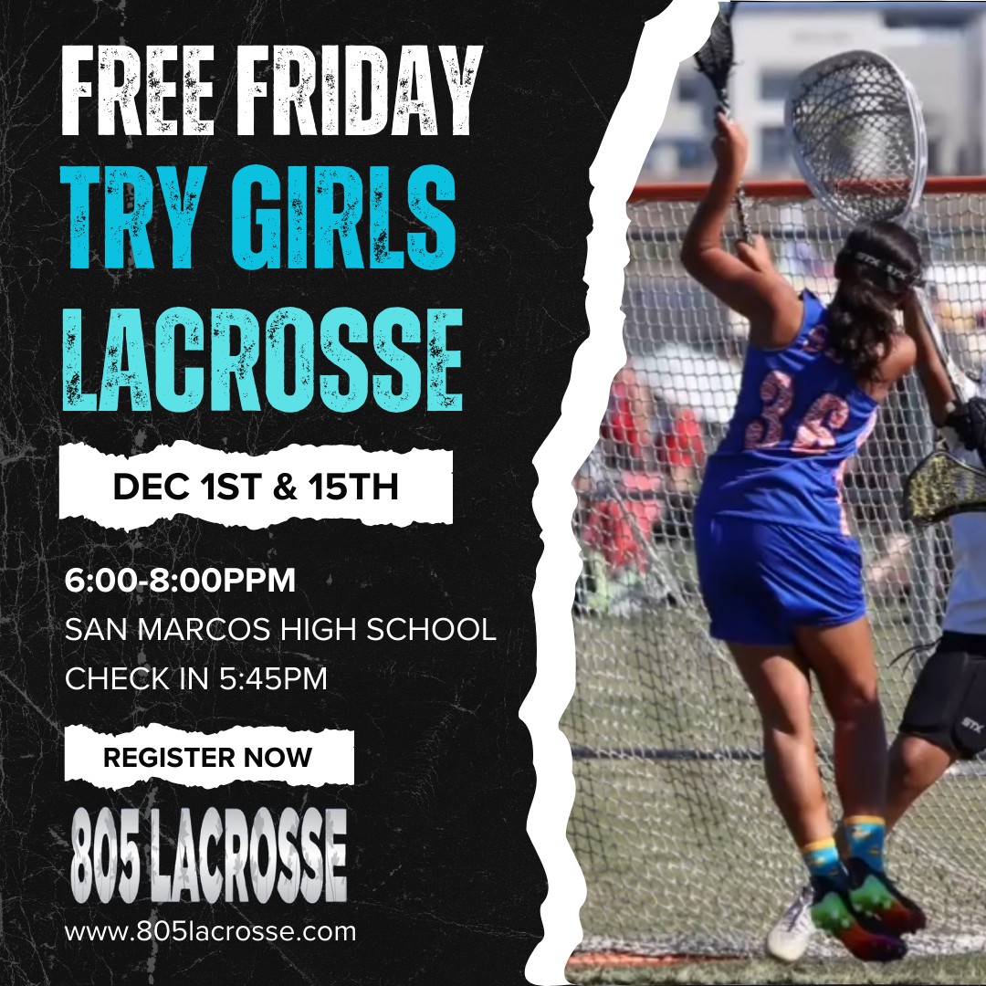 Free Friday night girls lacrosse for beginners in Santa Barbara. Twice!  December 1st &amp; 15th.  Girls in 3rd - 8th grade here's your chance to try it. More info on 805lacrosse.com / link in bio and you can sign up there too. #laxinthe805 #wearesantabarbara