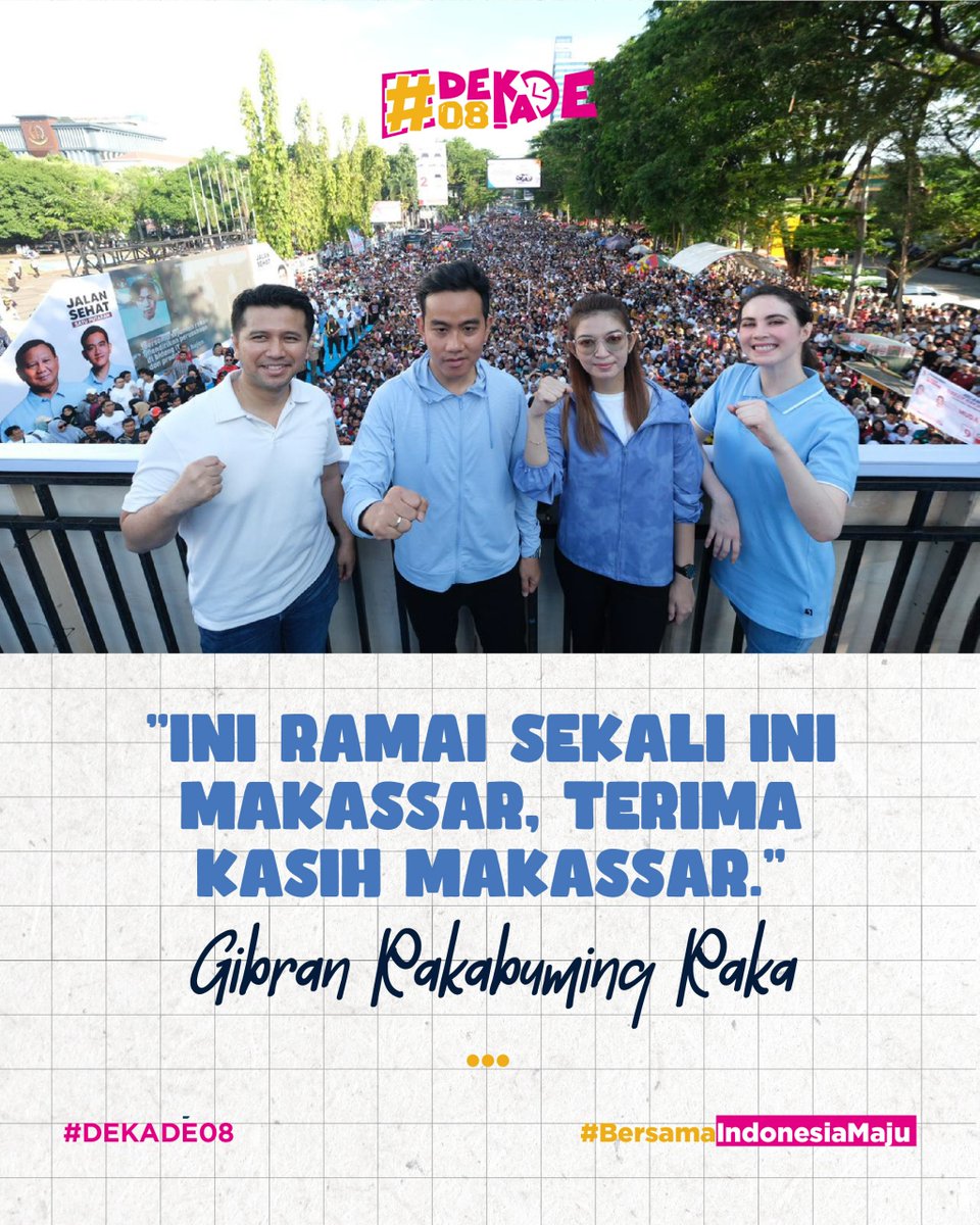 dekade_08's tweet photo. Antusias masyarakat Makassar bertemu dengan mas Gibran, kota mana lagi yang menunggu dan ingin bertemu mas Gibran ?
#prabowo #gibran #prabowogibran #menangsatuputaran #mendingprabowo #terusmajubersamaprabowo #dekade08 #bersamaindonesiamaju #8programcepat #programprabowogibran https://t.co/vIAKXCzUQt