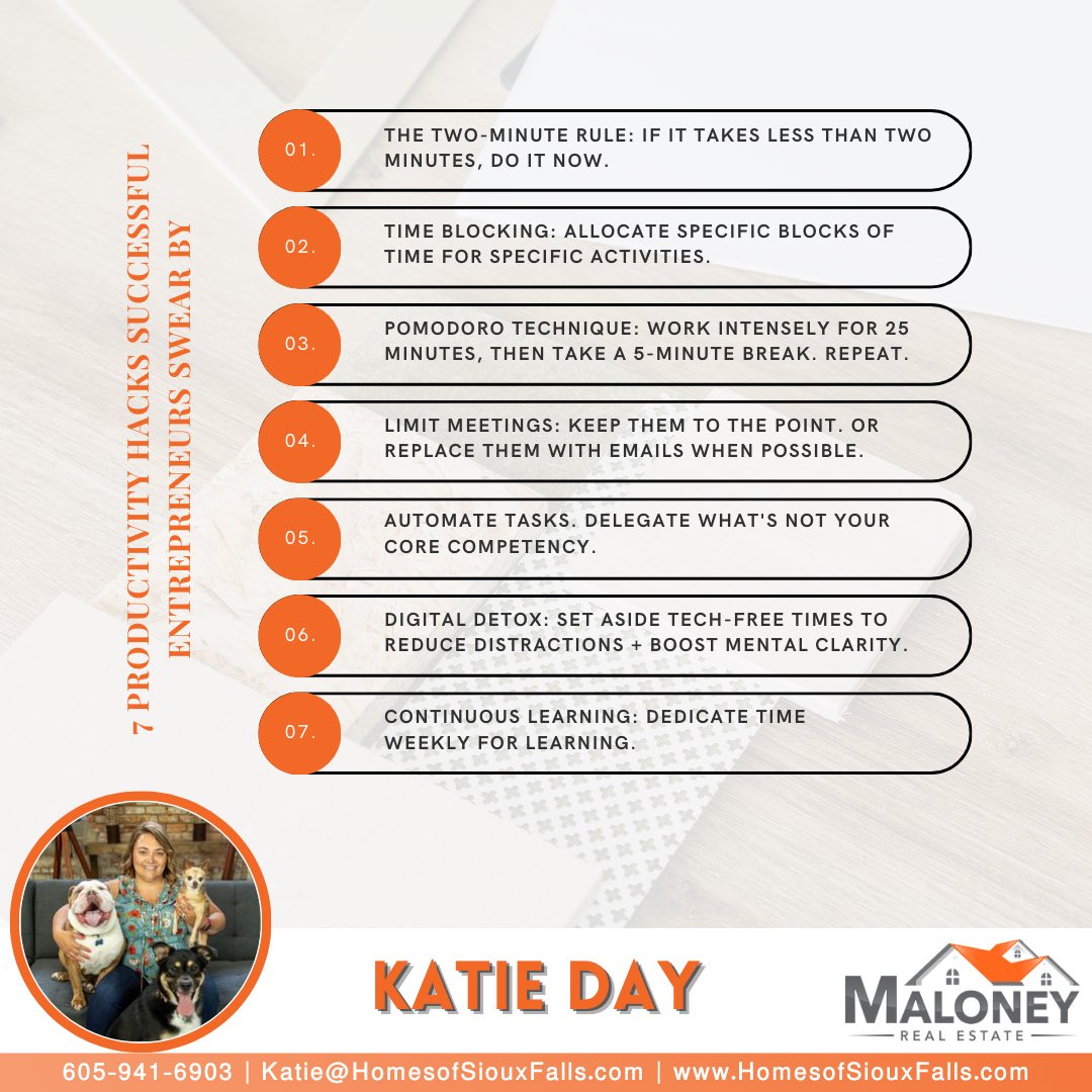 KatieDayREALTOR's tweet image. Productivity isn&apos;t just about working hard; it&apos;s about working smart. Adopt these strategies and elevate your daily grind! #ProductivityHacks #EntrepreneurSecrets #TimeManagementMagic #SuccessBlueprint #KatieDayRealtor
#SDRealEstate #MoveMetoSoDak #SiouxFalls #SiouxFallsSD