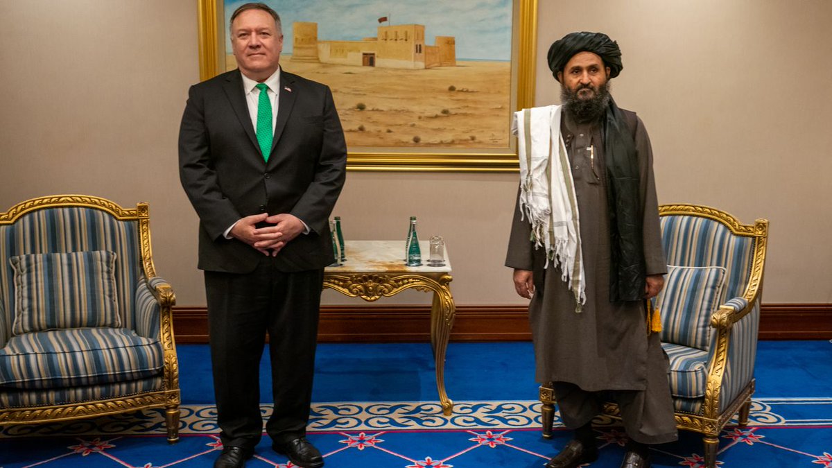 BlackKnight10k's tweet photo. Sure. Here's  a photo of Trump's Secretary of State, Mike Pompeo in 2020, reaching an agreement to release 5k Taliban soldiers and quietly surrender Afghanistan to the Taliban once American forces are withdrawn. https://t.co/fxEytjYscx
