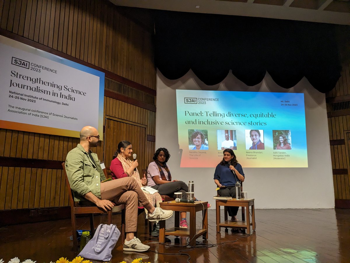 We begin the day by diving deep into #diverse #equitable and #inclusive stories or the lack of in science journalism with <a href="/nandita_j/">Nandita J</a>,
<a href="/Ankur_pali/">Ankur Paliwal</a>, <a href="/NeenaBhandari4/">Neena Bhandari</a>, moderated by <a href="/byadititandon/">aditi</a>. A rich panel &amp; listening session rolled into one. #DEI