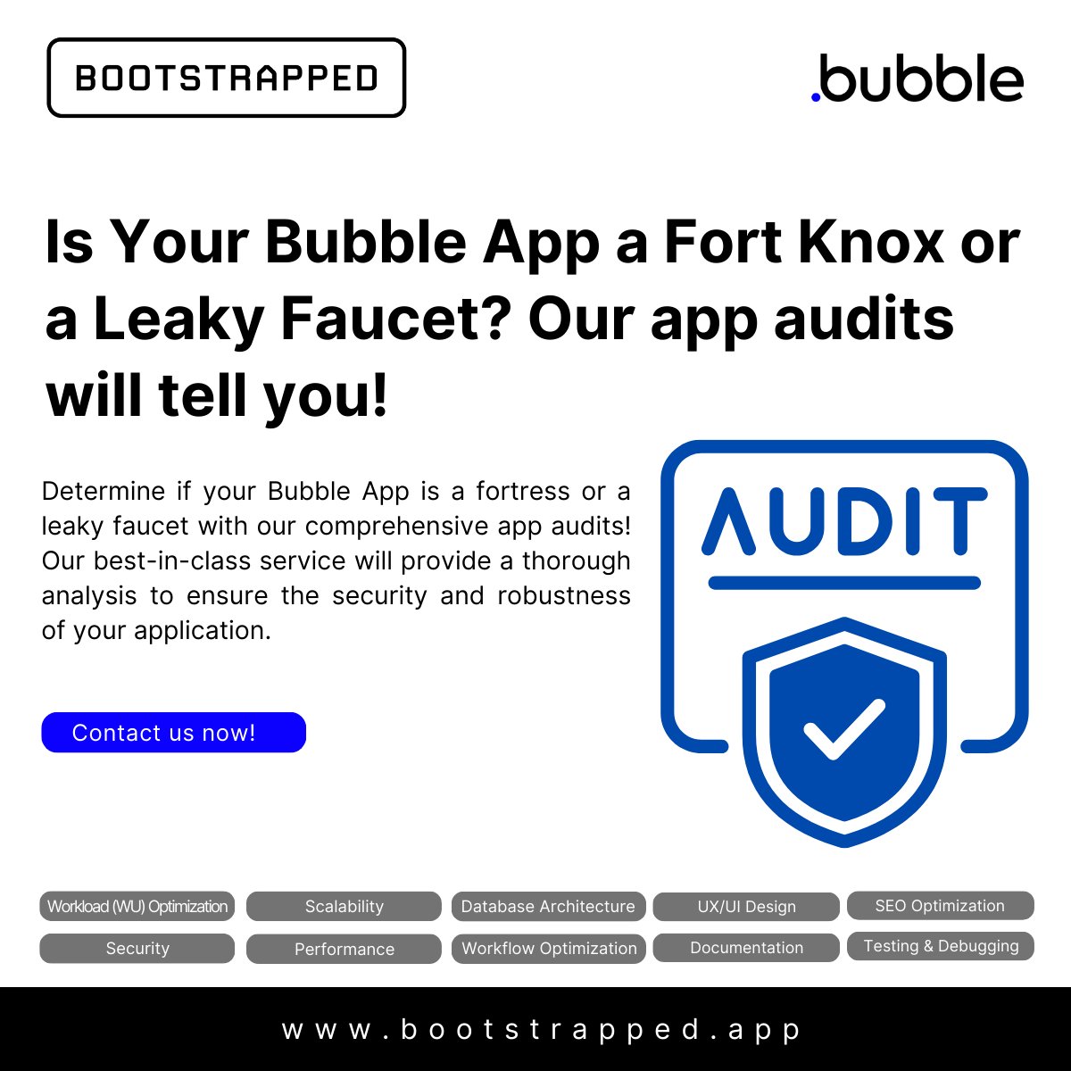 Bootstrapped__'s tweet photo. The moment your @Bubble apps go live marks their exposure to cybersecurity threats and potential attacks. Are you prepared?

Visit https://t.co/pPWrp5c55k or message us at hello@bootstrapped.app for direct assistance.

#secureyourbusiness #appaudit #datasecurity #appsecurity https://t.co/LflUm4UEIj