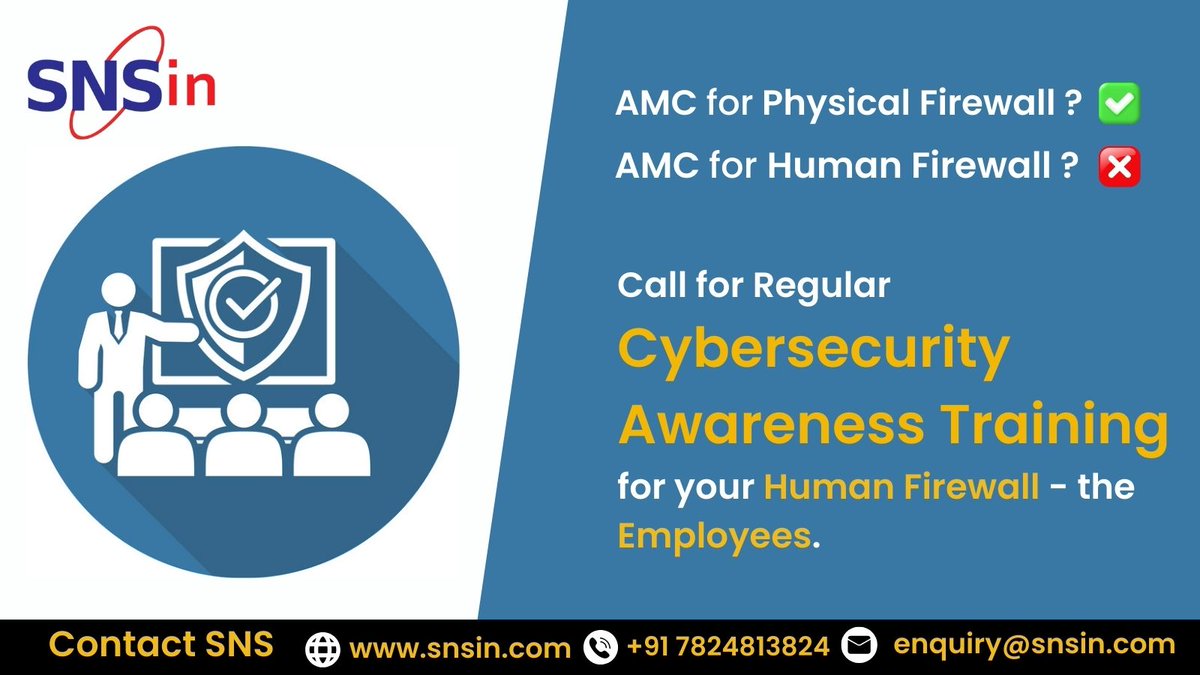 SolutionsSecure's tweet image. AMC for Physical Firewall ? ✅ 

AMC for Human Firewall ?  ❌

Call for Regular #CybersecurityAwarenessTraining for your Human Firewall - the Employees. 

Contact SNS : snsin.com | +91 7824813824  | enquiry@snsin.com

#AMC #PhysicalFirewall #HumanFirewall #SNS