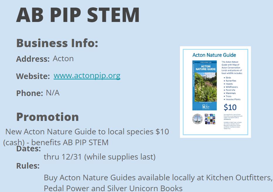 ABPIPSTEM's tweet photo. AB PIP STEM is in the 2023 Acton Shop LOCAL Holiday Deals Directory!💸✅
Acton Nature🌱🍁🦋Guides benefiting PIP are available locally for $10 each(cash) from our Acton retail partners: Silver Unicorn Books, #KitchenoutfittersActon & Pedal Power Bike & Ski.
#ActonMA #ABPIPSTEM https://t.co/3vszbaSImm
