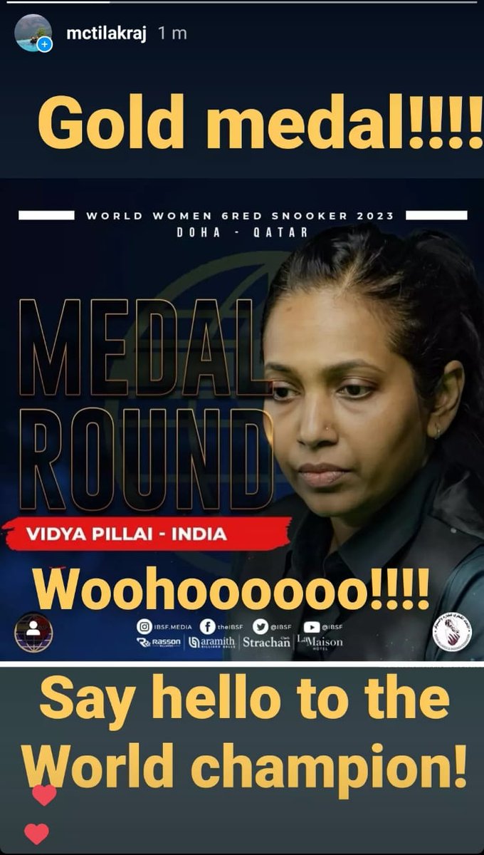 An unsung Indian queen of the Snooker world!! A world champion at the Snooker 6 Red championship held at Doha, Qatar!! 

Karnataka's pride!!

Recognition long overdue!!

<a href="/PMOIndia/">PMO India</a> <a href="/narendramodi/">Narendra Modi</a> <a href="/ianuragthakur/">Anurag Thakur</a> <a href="/siddaramaiah/">Siddaramaiah</a> <a href="/anandmahindra/">anand mahindra</a> <a href="/nsitharaman/">Nirmala Sitharaman</a> <a href="/Tejasvi_Surya/">Tejasvi Surya</a> <a href="/PCMohanMP/">P C Mohan</a>