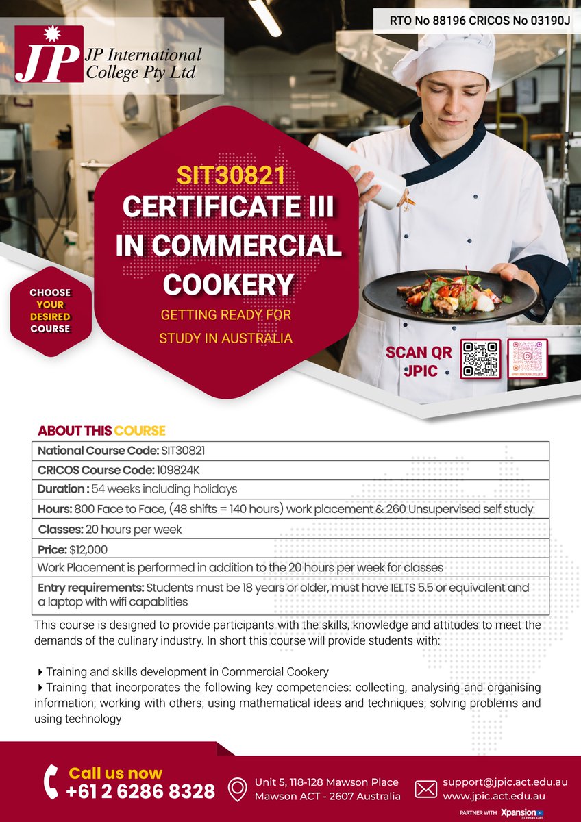 JP International College (@jpinternation15) on Twitter photo SIT30821Certificate III in Commercial Cookery
For more information:
jpic.act.edu.au
marketing@jpic.act.edu.au
+61 262868328
#JPIC
#StudyInAustralia
#HospitalityEducation
#CanberraCollege
#GlobalHospitality
#ManagementCourses
#BusinessEducation SIT30821Certificate III in Commercial Cookery
For more information:
jpic.act.edu.au
marketing@jpic.act.edu.au
+61 262868328
#JPIC
#StudyInAustralia
#HospitalityEducation
#CanberraCollege
#GlobalHospitality
#ManagementCourses
#BusinessEducation