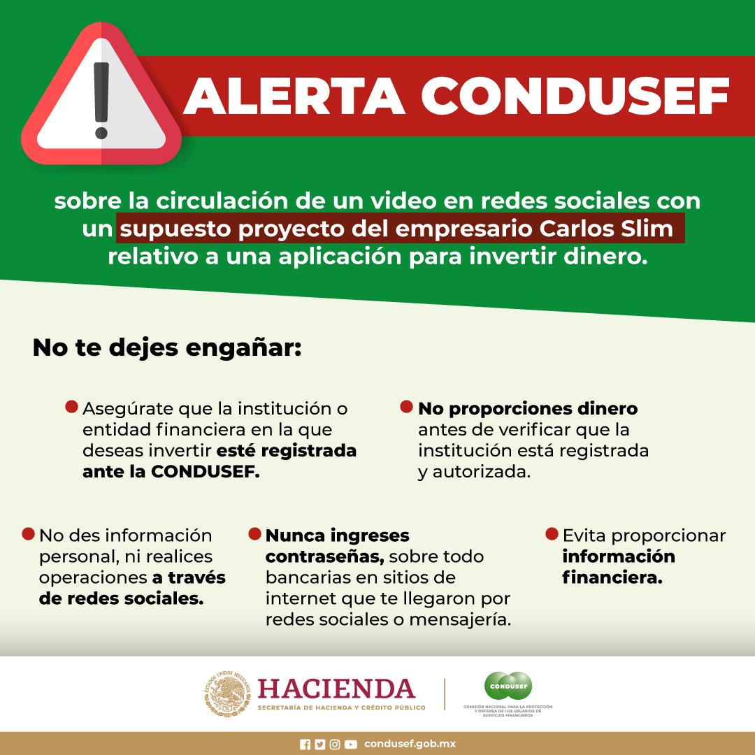 CarlosCuerna's tweet photo. Vía @CondusefMX Alerta #Condusef sobre circulación de un video en redes sociales un supuesto proyecto del empresario Carlos Slim relativo a una aplicación para invertir dinero. Morelos Educación Financiera #FraudesFinancieros #AI #InteligenciaArtificial https://t.co/UiEXwznv4D https://t.co/otSqRJn7j3
