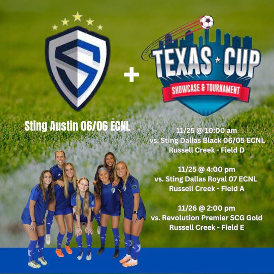 Come out to watch this team kick off Texas Cup play tomorrow in Big D!!! <a href="/sting_austin/">Sting Austin</a> <a href="/ImYouthSoccer/">ECNL/GA/Recruiting/College Soccer</a> <a href="/ImCollegeSoccer/">College Soccer Truth ™</a> <a href="/TopDrawerSoccer/">TopDrawerSoccer</a> <a href="/PrepSoccer/">Prep Soccer ⚽️</a>