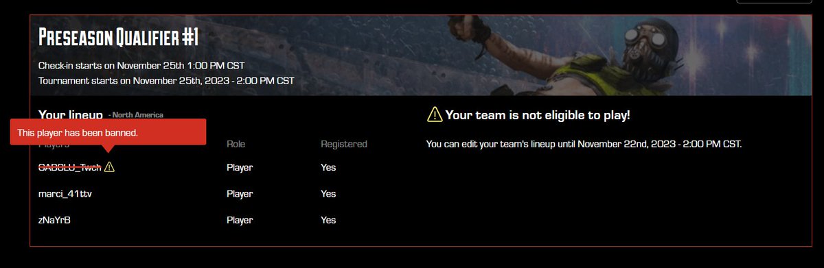 GABOLU (@gab0lu) on Twitter photo Did they ban me a few hours before ALGS?
I am not banned or suspended from Apex, only from ALGS, this is the first time I have registered my account.
HEEEEEEEELP <a href="/PlayApexEsports/">Apex Legends Esports</a> <a href="/PlayApex/">Apex Legends</a> Did they ban me a few hours before ALGS?
I am not banned or suspended from Apex, only from ALGS, this is the first time I have registered my account.
HEEEEEEEELP <a href="/PlayApexEsports/">Apex Legends Esports</a> <a href="/PlayApex/">Apex Legends</a>