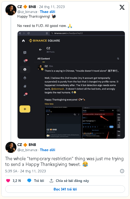 sassan83's tweet photo. CZ đổi tên tài khoản X (Twitter), chuyển sang làm "cựu CEO Binance"

Ngày 23/11, cộng đồng phát hiện tài khoản X (trước là Twitter) của cựu Giám đốc Điều hành Binance ông Changpeng Zhao (CZ) đã bị hạn chế trong khoảng thời gian ngắn. Khi truy cập vào tài khoản sẽ trả về một thông báo như bên dưới.

Đến chiều ngày 23/11, tài khoản của CZ đã được khôi phục hoàn toàn quyền truy cập. CZ vào sáng nay cũng đăng đàn cho hay tài khoản bị hạn chế là do những nỗ lực cập nhật lại hồ sơ X của ông.

Cựu CEO sàn giao dịch crypto lớn nhất thế giới đã đổi tên X từ “CZ Binance” thành “CZ BNB”, phản ánh việc ông rời ghế CEO sàn giao dịch, cũng như thể hiện việc sẽ tiếp tục đầu tư vào đồng BNB. Phần hồ sơ CZ cũng mô tả mình là "đồng sáng lập và cựu CEO Binance", đồng thời là người nắm giữ BNB và BTC.