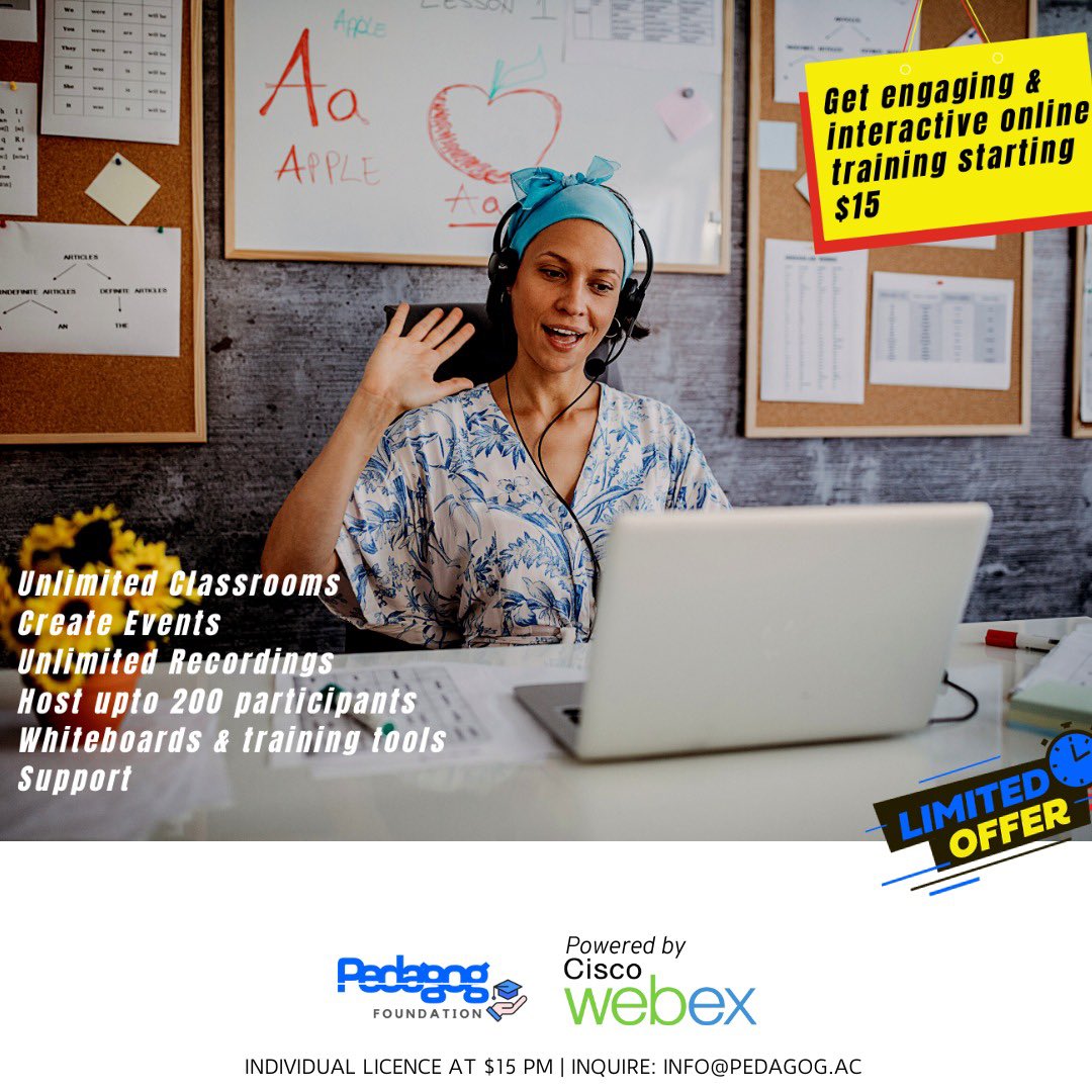 pedagog_ac's tweet image. Get Engaging &amp;amp; Interactive Online meetings &amp;amp; training package
Powered by CISCO WEBEX 👩‍💻

Teaching | Meetings | Events
Visit pedagog.ac/meeting/start/

Drop an email 
𝐢𝐧𝐟𝐨@𝐩𝐞𝐝𝐚𝐠𝐨𝐠.𝐚𝐜

#VirtualClassroom #education #Pedagog #CiscoWebex #edtech
