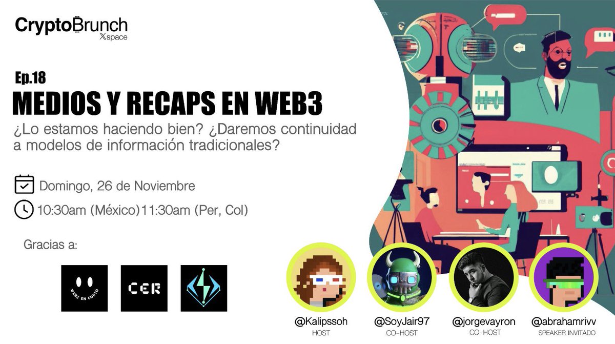 Kalipssoh's tweet photo. No sé en qué momento pasó pero lo cierto es que ya vamos 18 episodios de este mi espacio, su espacio #CryptobrunchLatam 🥐☕️
Tampoco sé qué podríamos preparar para el Ep.20 (Ideas!?💡🚀) pero me siento muy satisfecha por todo lo que hemos logrado y lo que nos falta por dar ☺️🤝 https://t.co/PtVBrBjTJj