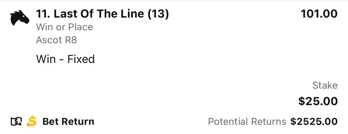 Probably the best $100/1 horse going around the country… cheeky $25 on the nose but getting great EW value. Mile suits.