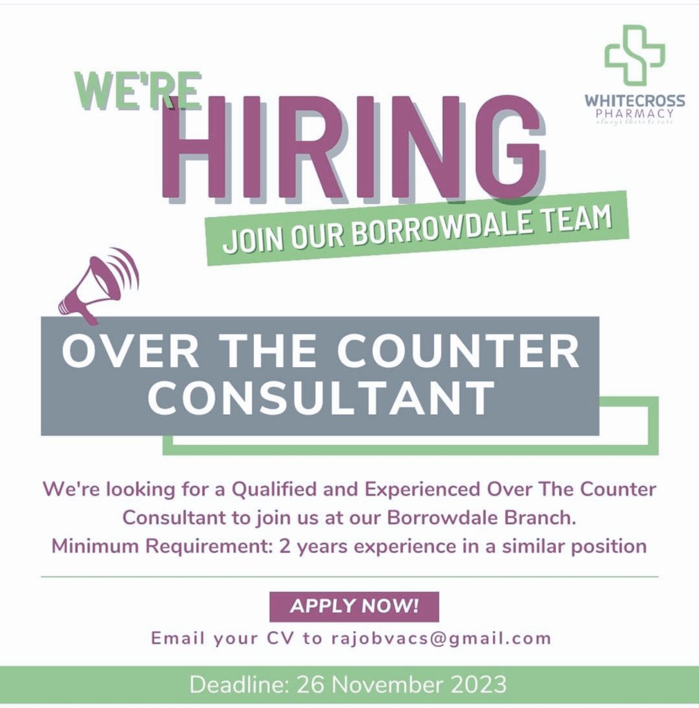 We are looking for an Accounts Clerk to join our Borrowdale Team! 📣
Kindly send your CV to rajobvacs@gmail.com by the 26th of November if you meet the minimum requirements.

All the best! 😃

#WhitecrossPharmacy #AlwaysThereToCare #jobalert #jobvacancy #jobopportunity…