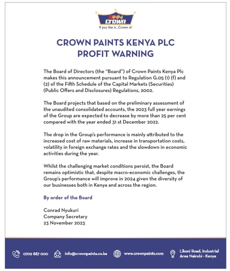 MwangoCapital's tweet photo. Some of the reasons companies are citing in their profit warnings: 

—Car and General: "... deterioration of unit economics of motorcycles which had a negative impact on motorcycle sales in Kenya...an increase in finance costs.."

—WPP SCanGroup: "...the continued subdued economic environment..."

—Nation Media Group: "...a weakened Kenya shilling....and higher distribution costs arising from fuel prices..."

—Crown Paints: "...slowdown in economic activities during the year..."

—Sasini: "...the very high cost of production due to unplanned escalation of input costs..."