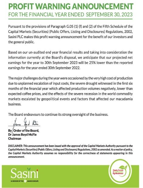 MwangoCapital's tweet photo. Some of the reasons companies are citing in their profit warnings: 

—Car and General: "... deterioration of unit economics of motorcycles which had a negative impact on motorcycle sales in Kenya...an increase in finance costs.."

—WPP SCanGroup: "...the continued subdued economic environment..."

—Nation Media Group: "...a weakened Kenya shilling....and higher distribution costs arising from fuel prices..."

—Crown Paints: "...slowdown in economic activities during the year..."

—Sasini: "...the very high cost of production due to unplanned escalation of input costs..."