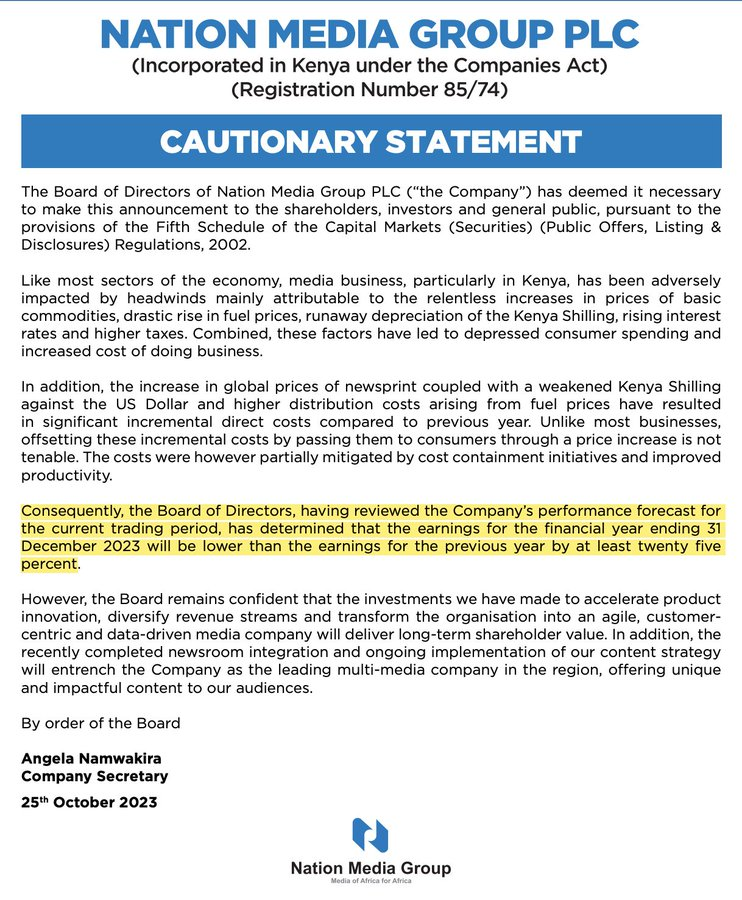 MwangoCapital's tweet photo. Some of the reasons companies are citing in their profit warnings: 

—Car and General: "... deterioration of unit economics of motorcycles which had a negative impact on motorcycle sales in Kenya...an increase in finance costs.."

—WPP SCanGroup: "...the continued subdued economic environment..."

—Nation Media Group: "...a weakened Kenya shilling....and higher distribution costs arising from fuel prices..."

—Crown Paints: "...slowdown in economic activities during the year..."

—Sasini: "...the very high cost of production due to unplanned escalation of input costs..."