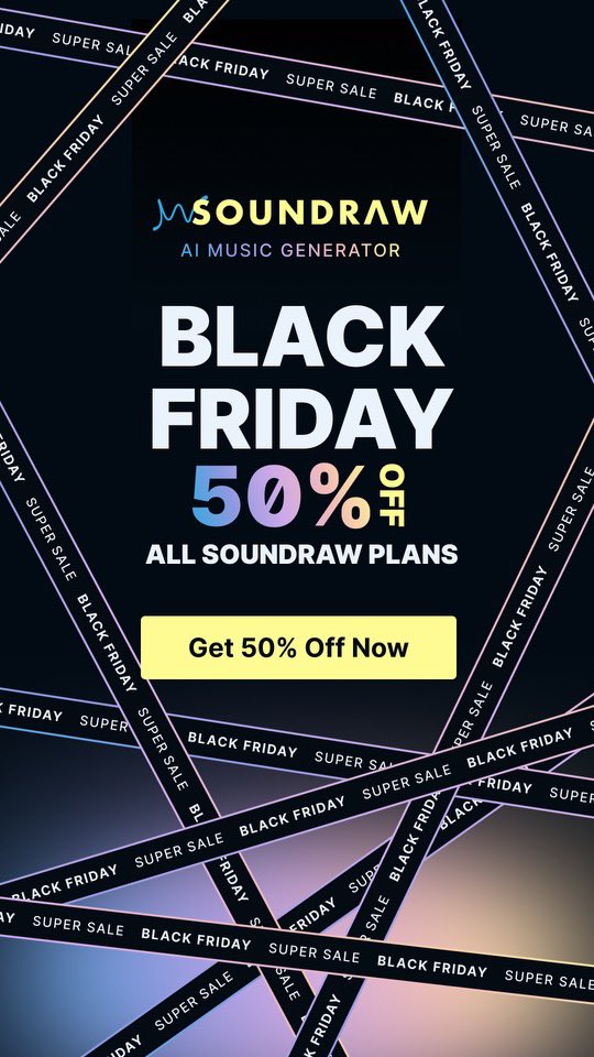 Just found my new secret weapon for music creation: @SoundrawUS They're having a Black Friday sale where you can get 50% off any plan. Try it for free at on.soundraw.io/blackfriday (on.soundraw.io/blackfriday). Perfect if you need royalty free music for any of your projects!