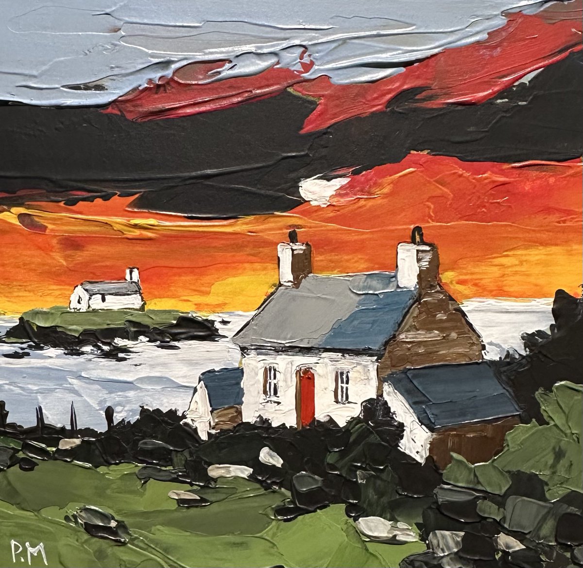 St Cwyfan's Church, Llangwyfan and Abereiddy Cottages are on their way to Oriel y Bont, #orielybont #aberystwyth #welshcottages #petermorganart #art #loveart #nothwales #hollyhead #anglesea #palletknifepainting #acrylicpainting #Christmasgifts