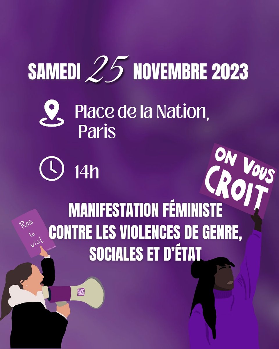 NousToutesOrg's tweet photo. La manifestation c'est aujourd'hui !
À Paris, RDV à 14h place de la Nation ✊💜
Vous retrouverez toutes les manifestations en story à la une sur notre compte instagram et sur notre site internet https://t.co/YPkpwhhxeX rubrique manifs 2023. https://t.co/lta56wEPXA