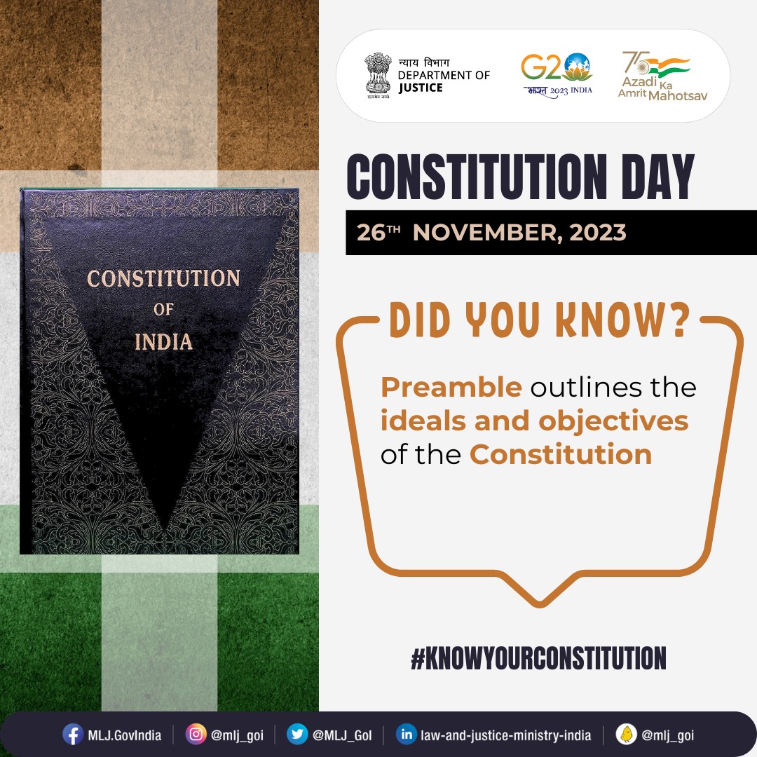 Constitution begins with the Preamble which sets out the nature of the Indian state and the objectives that it seeks to achieve. The preamble of the Indian Constitution emphasizes Justice, Liberty, Equality, and Fraternity. 
#KnowYourConstitution #ConstitutionDay