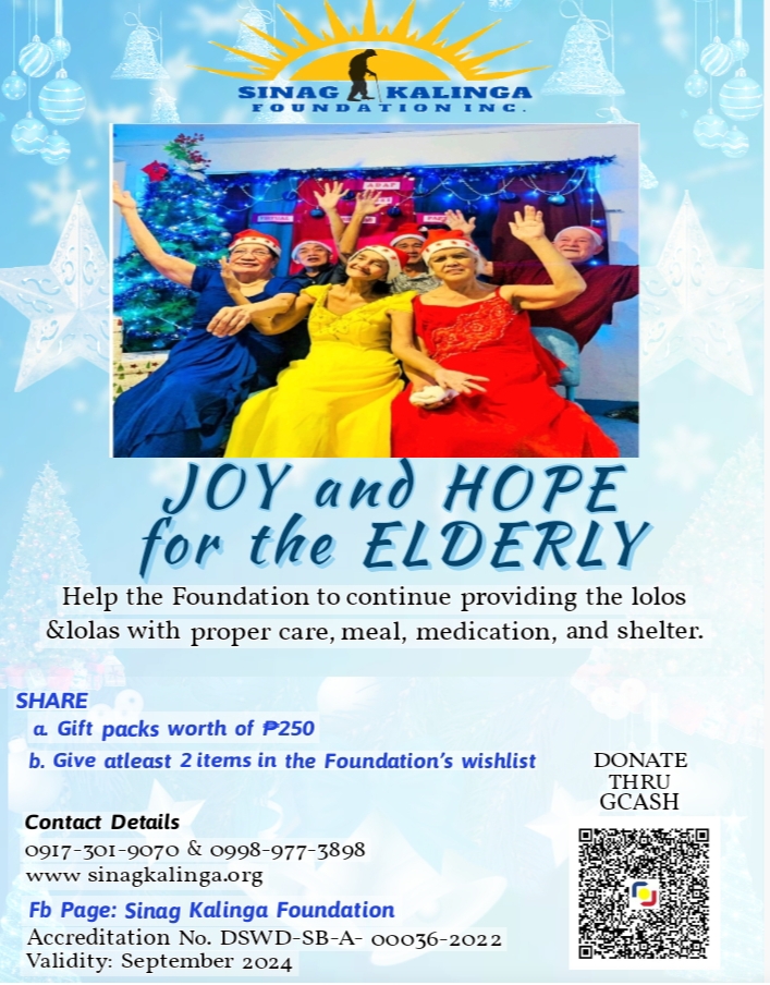 sinagkalinga's tweet photo. Have a more meaningful Christmas this 2023!
Be involved with your friends, as a company or with your family and JOIN US in spreading LOVE &amp; JOY this Christmas to the ELDERLY of Sinag Kalinga Foundation Inc. https://t.co/aYevqIi619