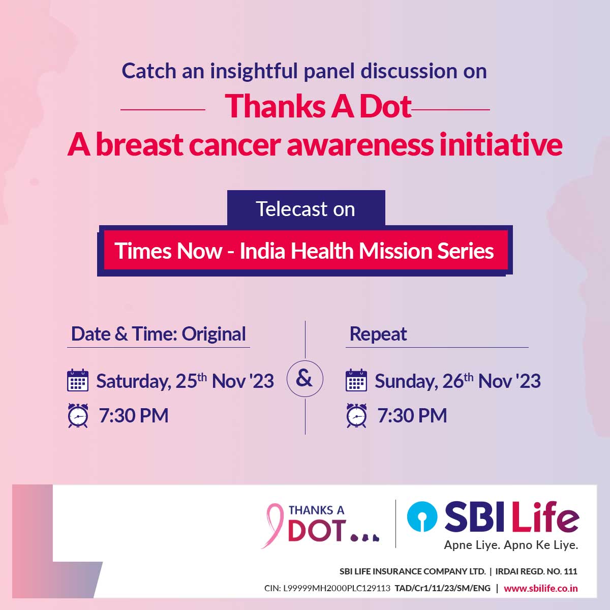 SBILife's tweet photo. Watch an interactive discussion on breast cancer awareness through Thanks A Dot’s Project Hug Of Life initiative. 

Join our following Panelists for the discussion:
Mr. Ravindra Sharma
Dr. Shishir Shetty
Dr. Mohan Menon
Mahima Chaudhry

#ThanksADot #ProjectHugOfLife #SBILife https://t.co/JshhhxnZuL