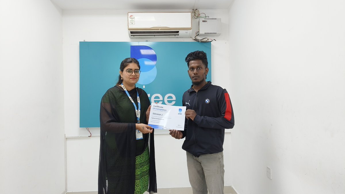 Congratulations, Ebinesor, on completing your full-stack development course! May your skills open doors to new opportunities, and may you find fulfillment in every endeavor.
#ThiruvanmiyurTechTalent #BtreeSystemsGraduate #FullStackSuccess #CodingMilestone #ThiruvanmiyurDeveloper